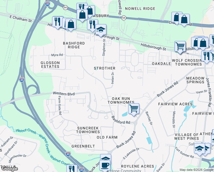 map of restaurants, bars, coffee shops, grocery stores, and more near 323 Irelan Drive in Raleigh