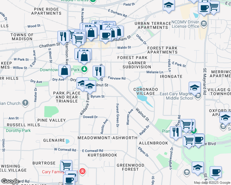 map of restaurants, bars, coffee shops, grocery stores, and more near 215 Byrum Street in Cary
