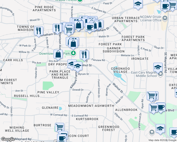 map of restaurants, bars, coffee shops, grocery stores, and more near 120 Byrum Street in Cary