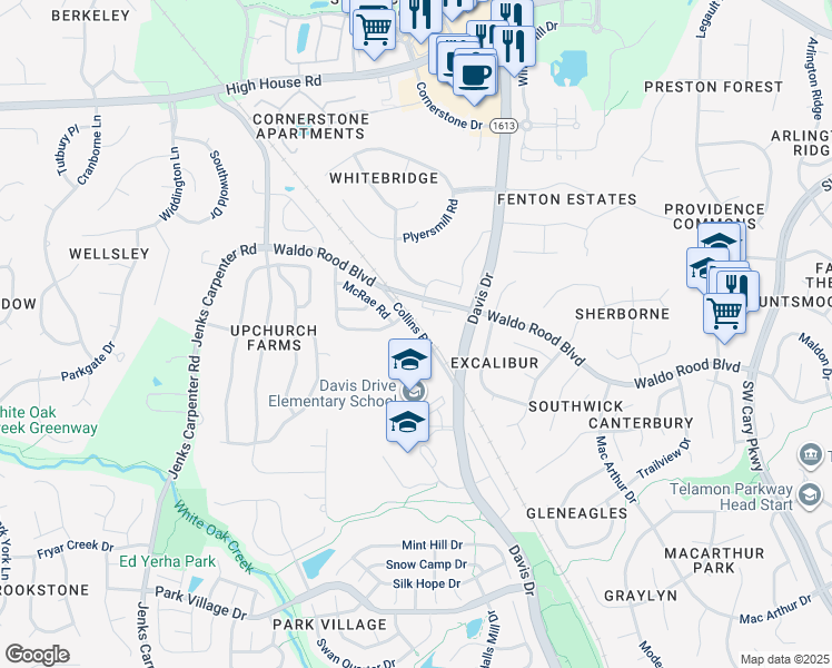 map of restaurants, bars, coffee shops, grocery stores, and more near 6037 Collins Road in Cary