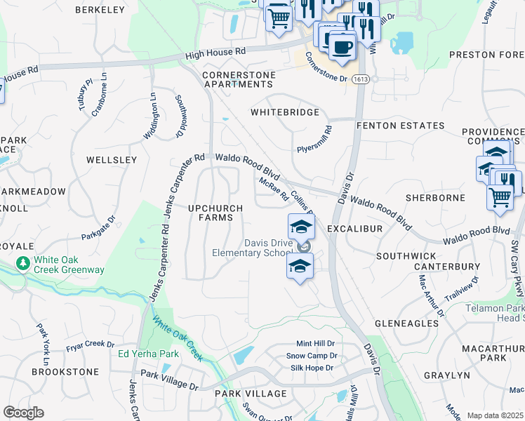 map of restaurants, bars, coffee shops, grocery stores, and more near 409 Tresa Brook Court in Cary