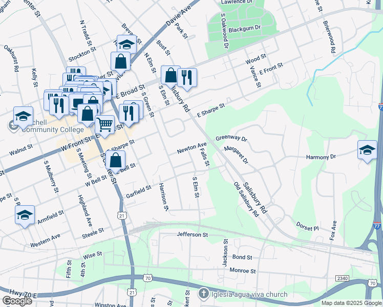map of restaurants, bars, coffee shops, grocery stores, and more near 314 Dockery Street in Statesville