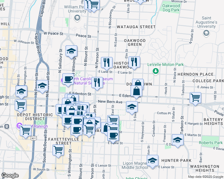 map of restaurants, bars, coffee shops, grocery stores, and more near 105 North East Street in Raleigh