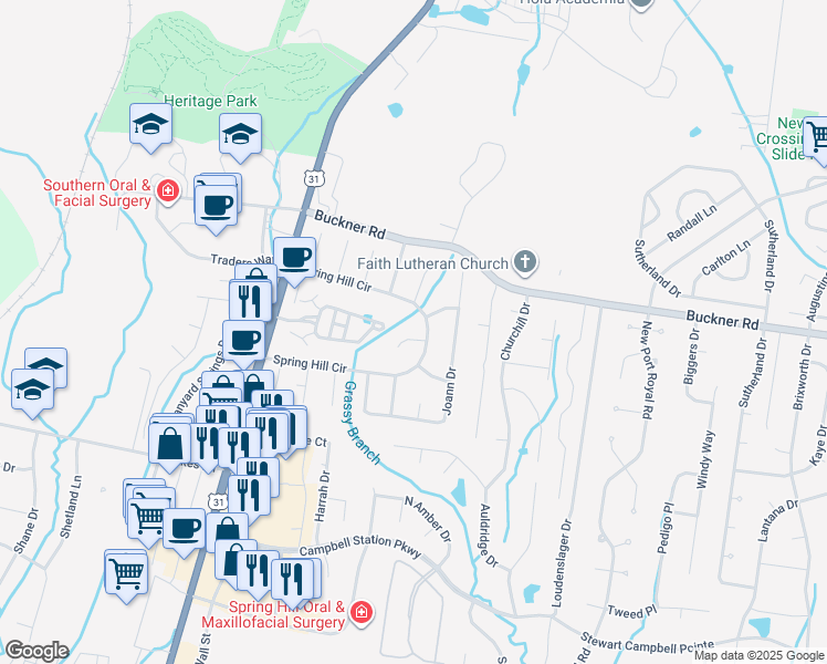 map of restaurants, bars, coffee shops, grocery stores, and more near 2202 Charles Way in Spring Hill