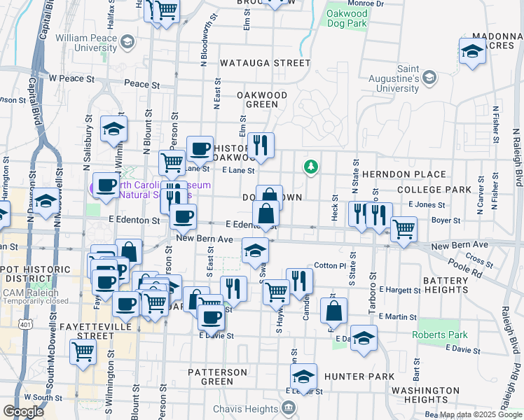 map of restaurants, bars, coffee shops, grocery stores, and more near 117 North Swain Street in Raleigh