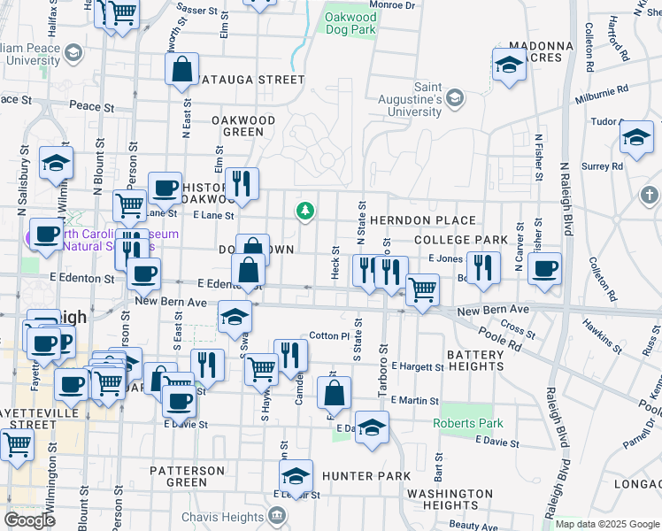 map of restaurants, bars, coffee shops, grocery stores, and more near 117 Heck Street in Raleigh