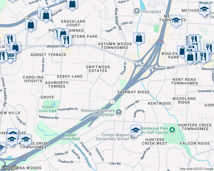 map of restaurants, bars, coffee shops, grocery stores, and more near 1231 Schaub Drive in Raleigh