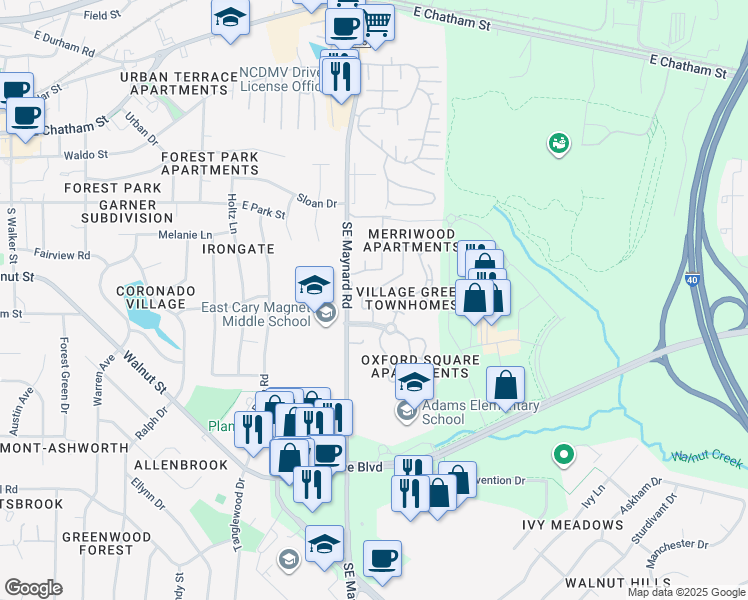map of restaurants, bars, coffee shops, grocery stores, and more near 100 Merriwood Drive in Cary