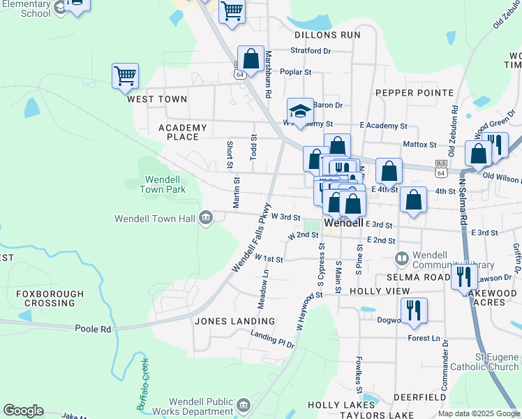 map of restaurants, bars, coffee shops, grocery stores, and more near 12 South Buffalo Street in Wendell