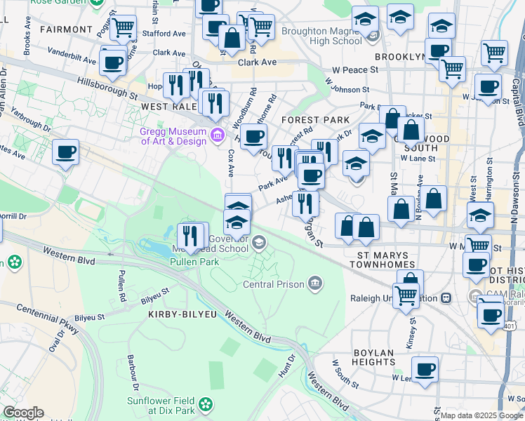 map of restaurants, bars, coffee shops, grocery stores, and more near 205 Ashe Avenue in Raleigh