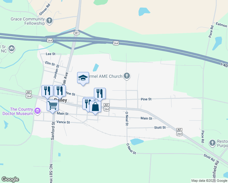 map of restaurants, bars, coffee shops, grocery stores, and more near 6061 Reid Road in Bailey