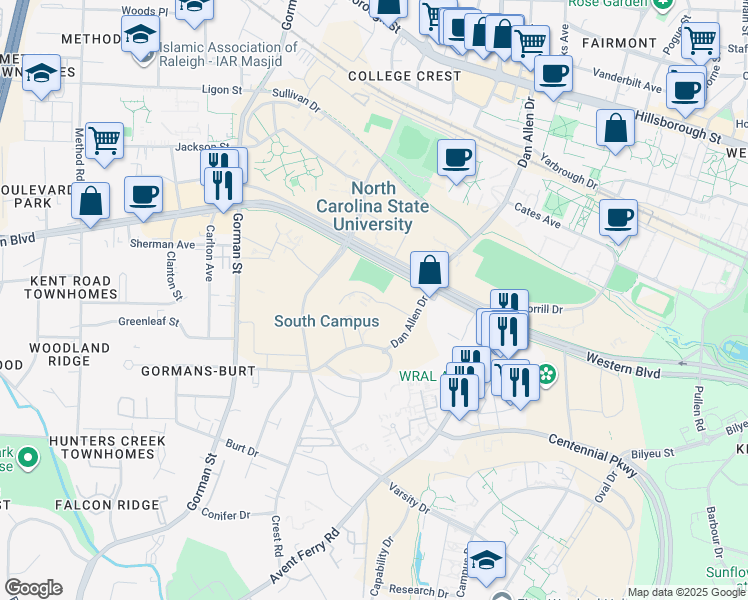 map of restaurants, bars, coffee shops, grocery stores, and more near 2523 Fraternity Court in Raleigh