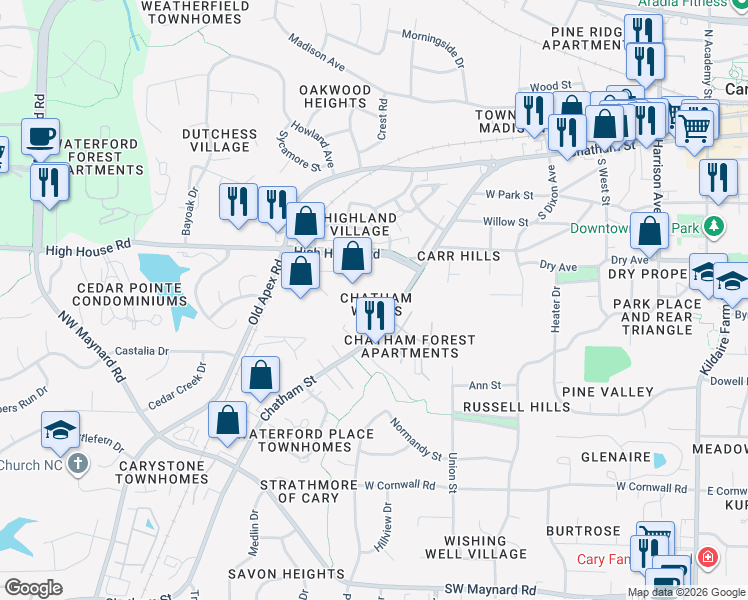 map of restaurants, bars, coffee shops, grocery stores, and more near 120 Chatham Woods Drive in Cary