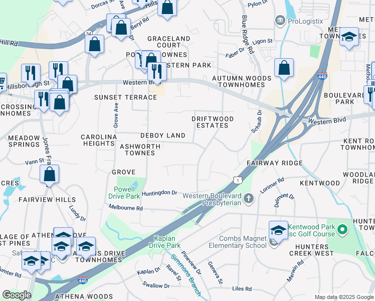 map of restaurants, bars, coffee shops, grocery stores, and more near 4307 Driftwood Drive in Raleigh