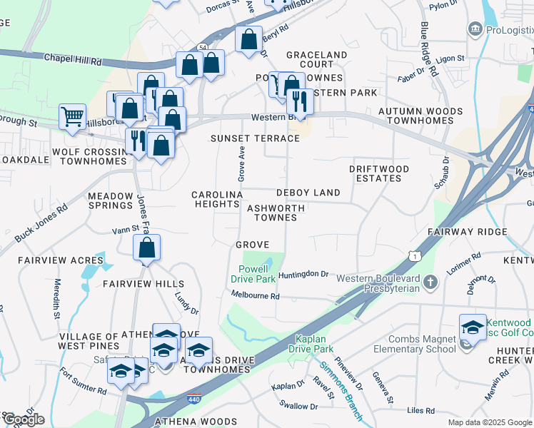 map of restaurants, bars, coffee shops, grocery stores, and more near 710 Powell Drive in Raleigh