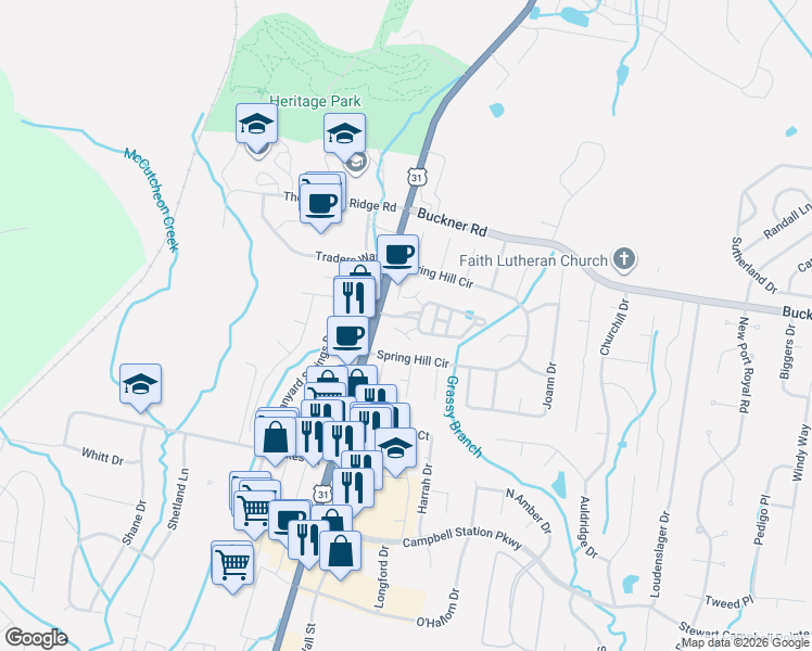 map of restaurants, bars, coffee shops, grocery stores, and more near 2104 Spring Hill Circle in Spring Hill