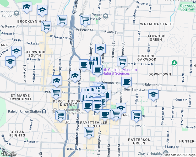 map of restaurants, bars, coffee shops, grocery stores, and more near 5 East Edenton Street in Raleigh
