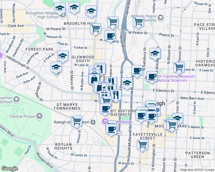 map of restaurants, bars, coffee shops, grocery stores, and more near 402 West Edenton Street in Raleigh