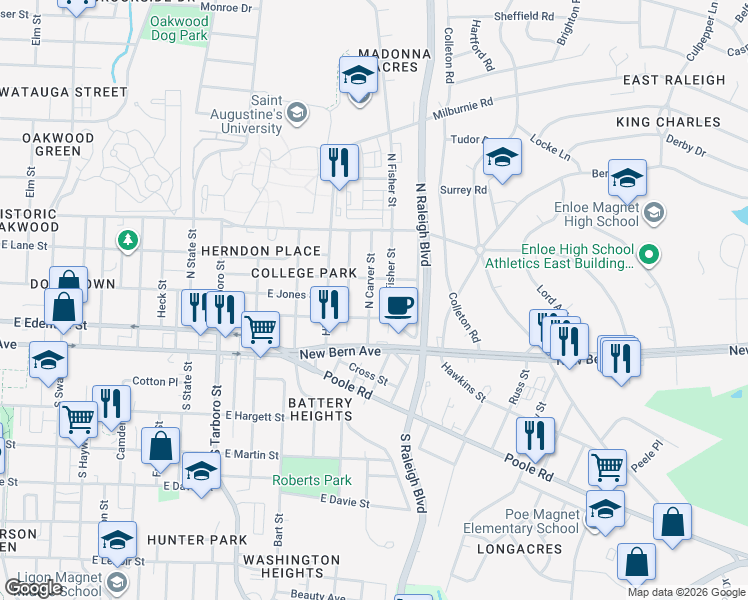 map of restaurants, bars, coffee shops, grocery stores, and more near 1618 Boyer Street in Raleigh