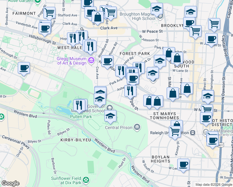 map of restaurants, bars, coffee shops, grocery stores, and more near 211 Ashe Avenue in Raleigh