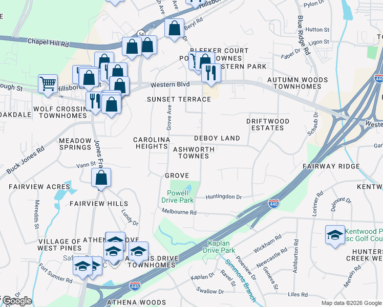 map of restaurants, bars, coffee shops, grocery stores, and more near 720 Powell Drive in Raleigh