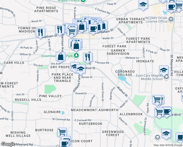 map of restaurants, bars, coffee shops, grocery stores, and more near 120 Byrum Street in Cary