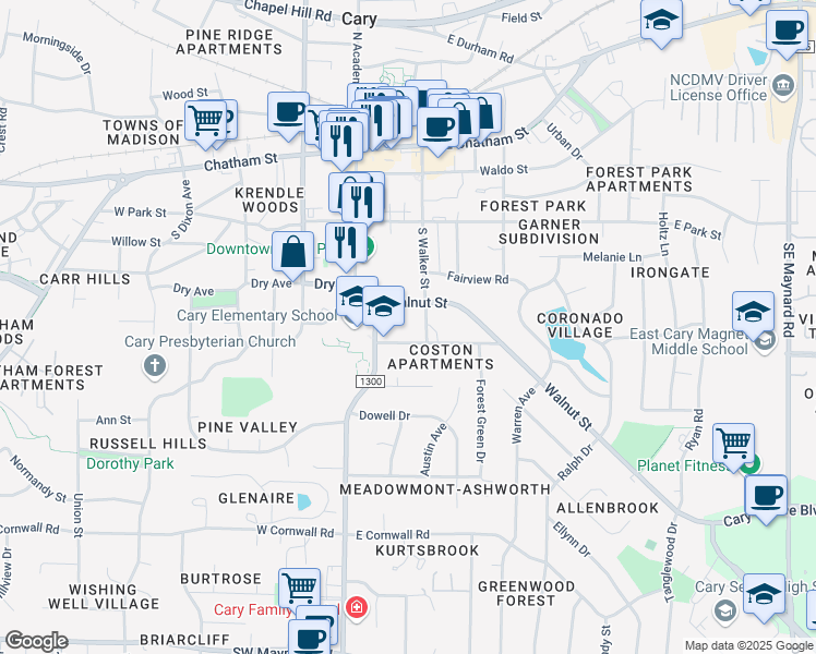 map of restaurants, bars, coffee shops, grocery stores, and more near 120 Byrum Street in Cary