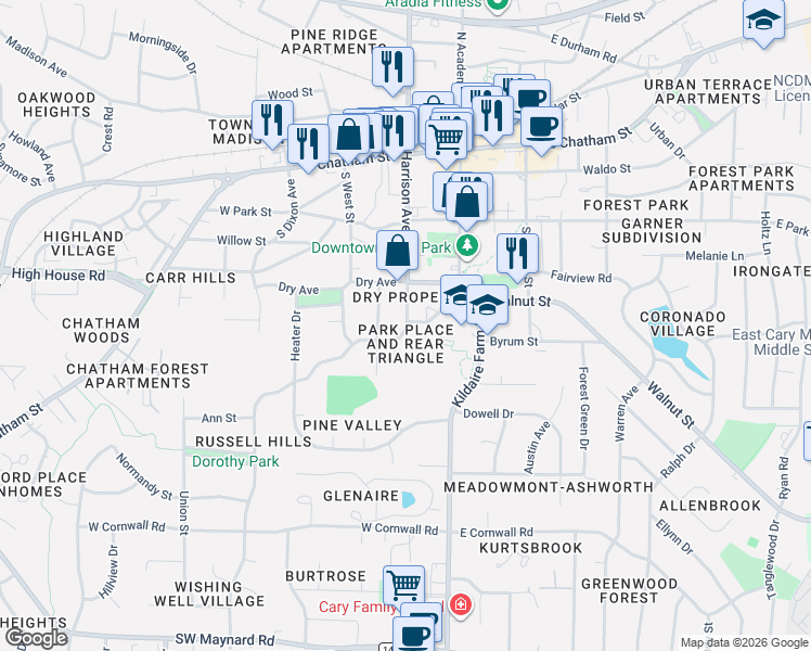 map of restaurants, bars, coffee shops, grocery stores, and more near 425 South Harrison Avenue in Cary