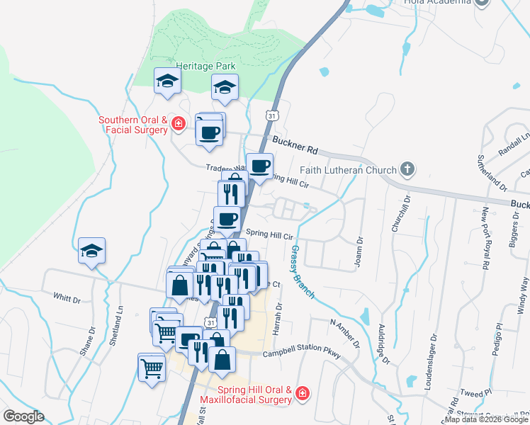 map of restaurants, bars, coffee shops, grocery stores, and more near 2104 Spring Hill Circle in Spring Hill