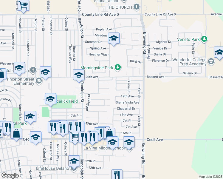 map of restaurants, bars, coffee shops, grocery stores, and more near 1841 Vassar Street in Delano