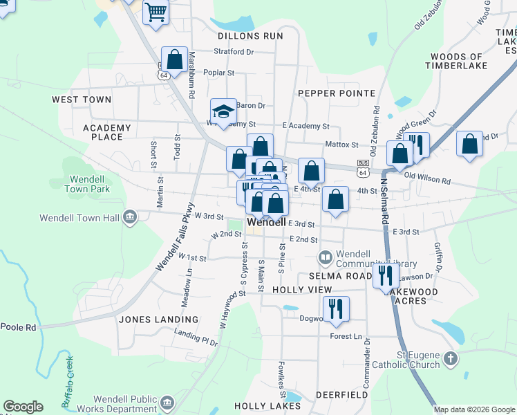 map of restaurants, bars, coffee shops, grocery stores, and more near 15 West 3rd Street in Wendell