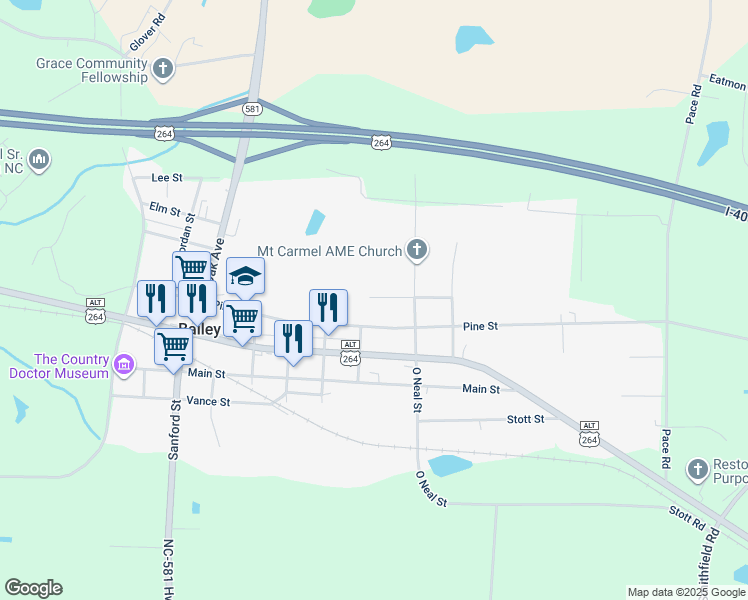 map of restaurants, bars, coffee shops, grocery stores, and more near 6061 Reid Road in Bailey