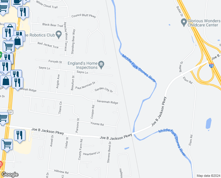 map of restaurants, bars, coffee shops, grocery stores, and more near 517 Garden City Drive in Murfreesboro