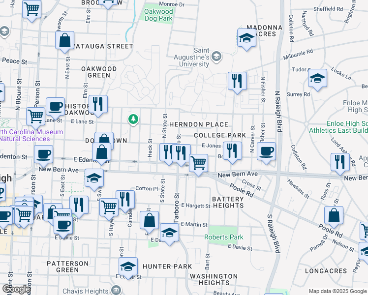 map of restaurants, bars, coffee shops, grocery stores, and more near 1302 East Jones Street in Raleigh