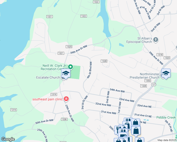 map of restaurants, bars, coffee shops, grocery stores, and more near 3505 4th Street Boulevard Northwest in Hickory