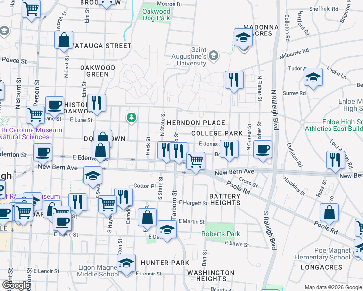 map of restaurants, bars, coffee shops, grocery stores, and more near 1302 East Jones Street in Raleigh