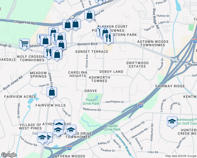 map of restaurants, bars, coffee shops, grocery stores, and more near 720 Powell Drive in Raleigh