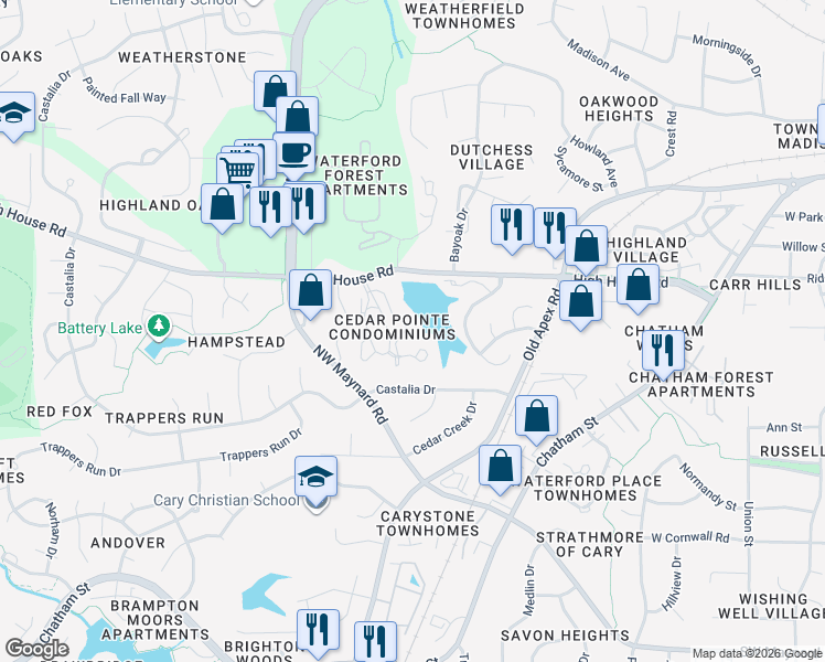 map of restaurants, bars, coffee shops, grocery stores, and more near 530 Springfork Drive in Cary