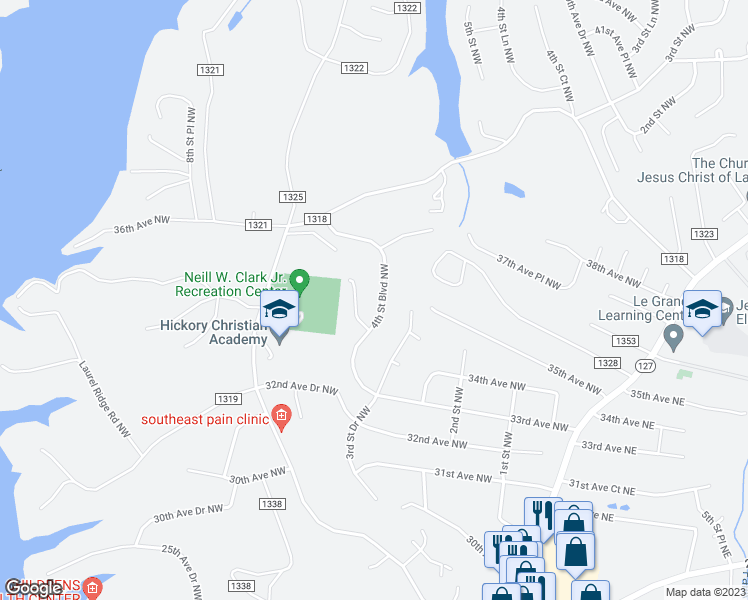 map of restaurants, bars, coffee shops, grocery stores, and more near 3505 4th Street Boulevard Northwest in Hickory