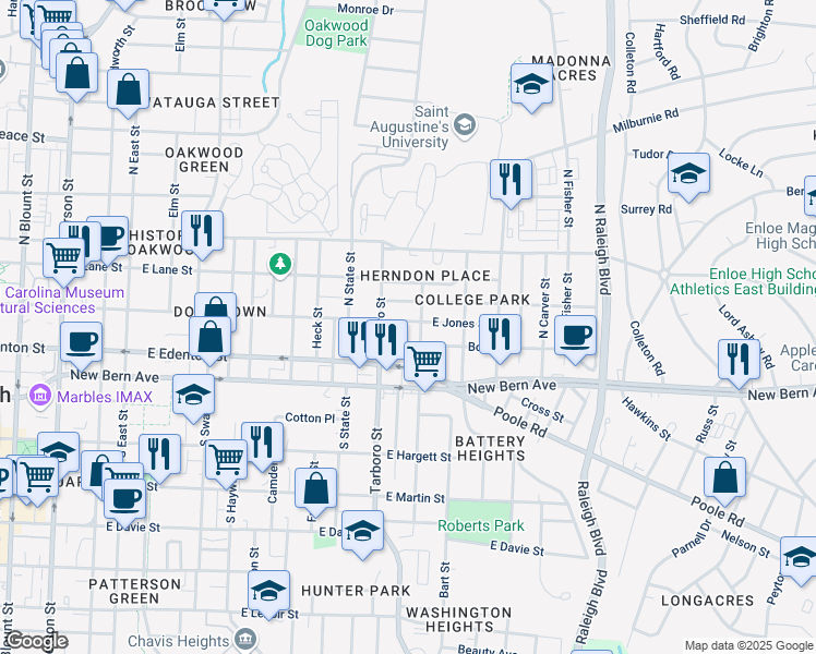 map of restaurants, bars, coffee shops, grocery stores, and more near 1310 East Jones Street in Raleigh