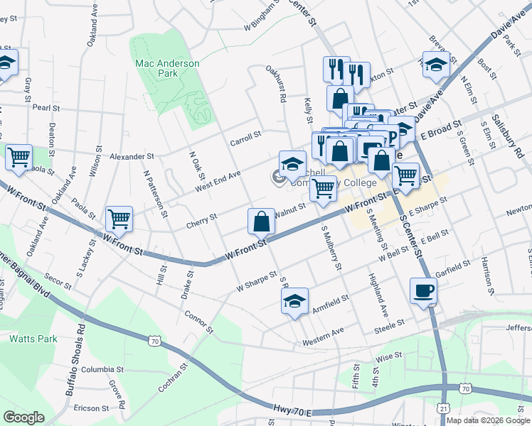 map of restaurants, bars, coffee shops, grocery stores, and more near 519 Cherry Street in Statesville