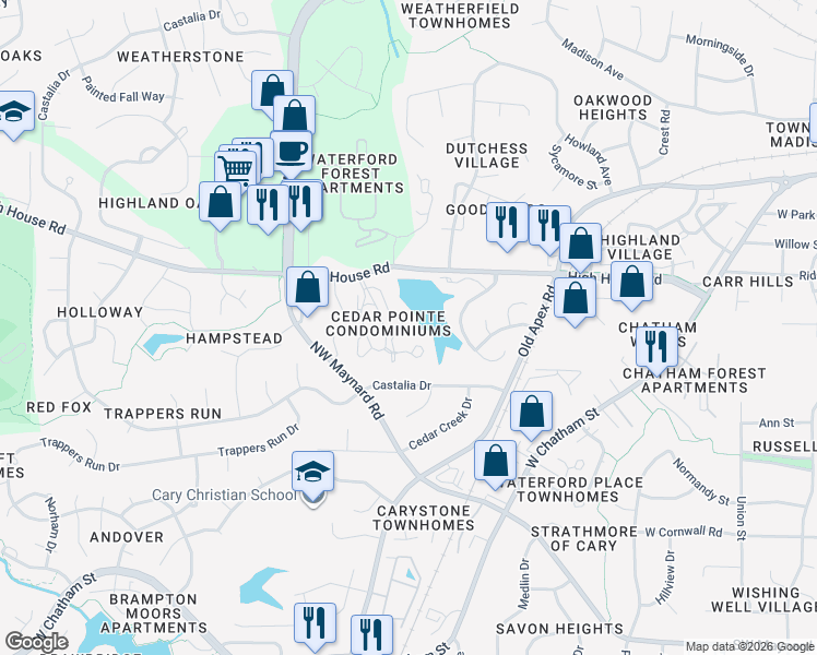 map of restaurants, bars, coffee shops, grocery stores, and more near 530 Springfork Drive in Cary