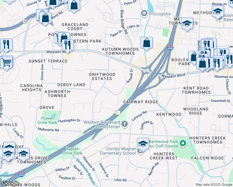 map of restaurants, bars, coffee shops, grocery stores, and more near 1200 Schaub Drive in Raleigh