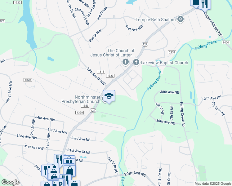 map of restaurants, bars, coffee shops, grocery stores, and more near 3900 North Center Street in Hickory