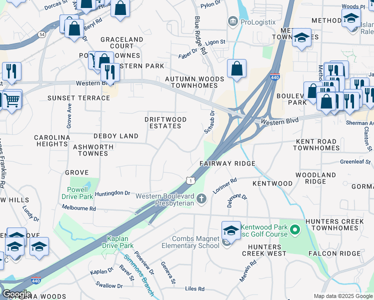 map of restaurants, bars, coffee shops, grocery stores, and more near 1212 Schaub Drive in Raleigh