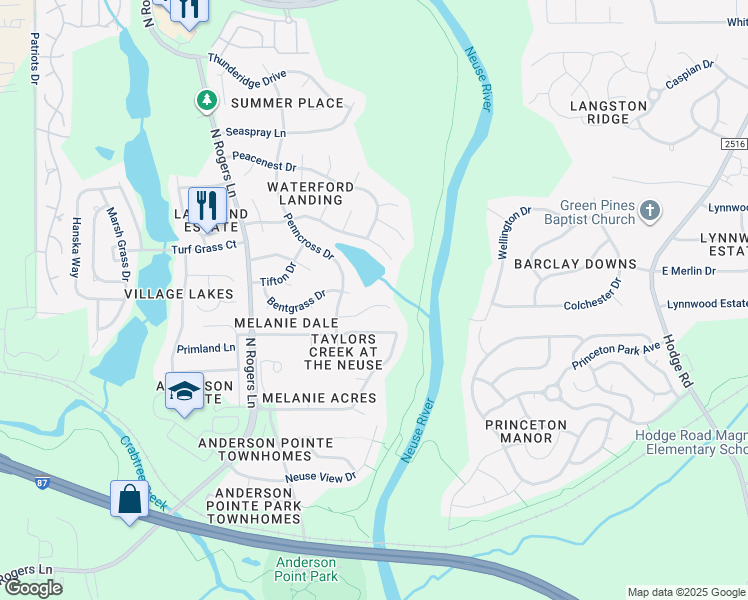 map of restaurants, bars, coffee shops, grocery stores, and more near 5525 Centipede Trail in Raleigh