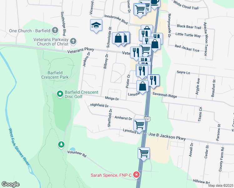 map of restaurants, bars, coffee shops, grocery stores, and more near 284 Meigs Drive in Murfreesboro