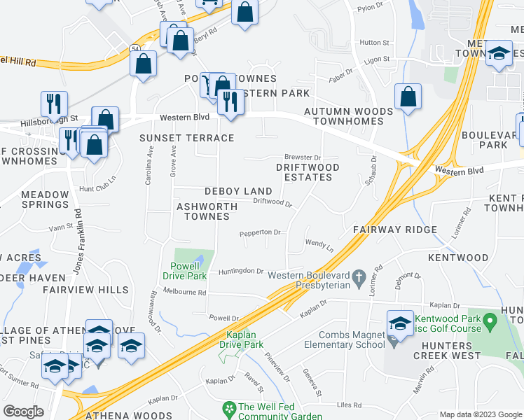 map of restaurants, bars, coffee shops, grocery stores, and more near 4311 Driftwood Drive in Raleigh