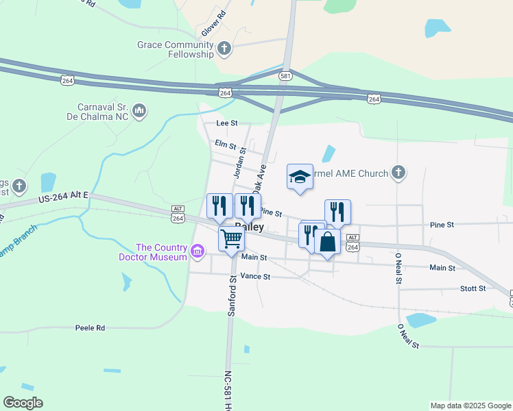 map of restaurants, bars, coffee shops, grocery stores, and more near 12331 Oak Avenue in Bailey