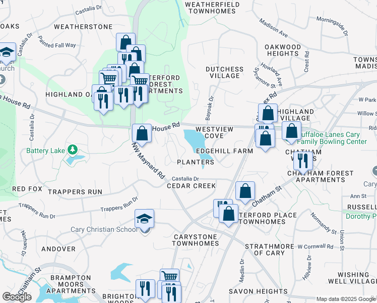 map of restaurants, bars, coffee shops, grocery stores, and more near 731 Springfork Drive in Cary